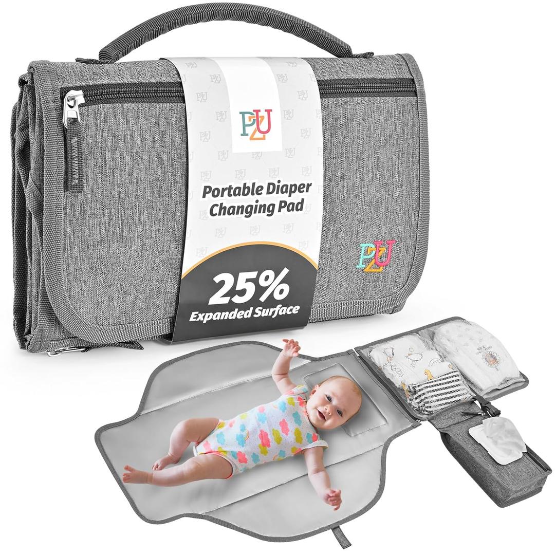 PZU Portable Diaper Changing Pad - Changing Pad Portable with Wipes Pocket, Waterproof Diaper Changing Mat, Portable Changing Pad for Baby, Newborn Gift Grey