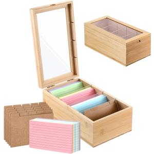 Bamboo Index Card Organizer, 3x5 Index Card Holder Box With Dividers, Wood Recipe Box With Lid, 4 Compartments for 1200 Cards - 5.9" W x 10.23" D x 4.13" H