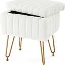 Sweetcrispy Vanity Stool Chair with Storage, Ottoman Faux Fur Soft Padded Makeup Footstools Seat with 4 Metal Legs Anti-Slip Adjustable Feet for Home Entryway Bedroom, White