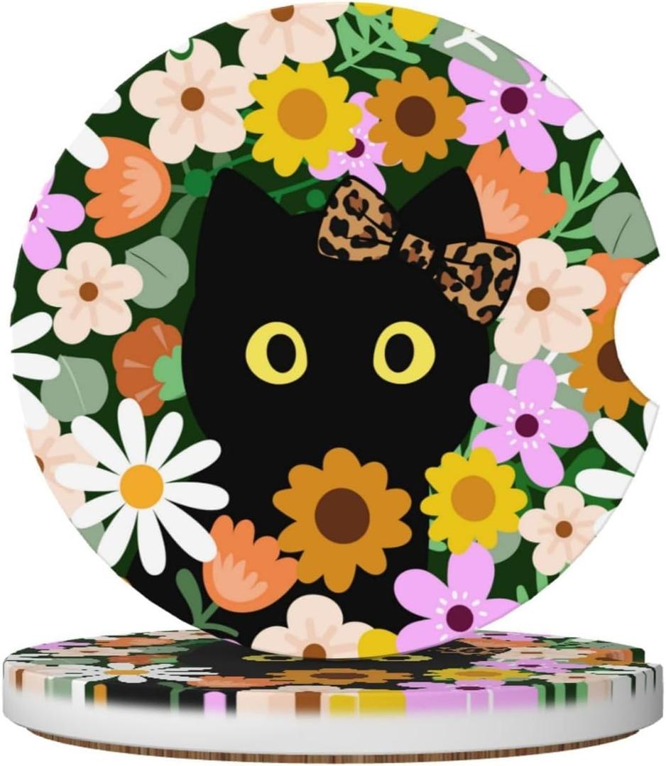 2 x Flower Cute Black Cat Car Coasters for Cup Holders,2 Pack Car Cup Holder Coasters for Car,Ceramic Absorbent Car Coaster with A Finger Notch and Cork Base,Car Interior Accessories for Women Men