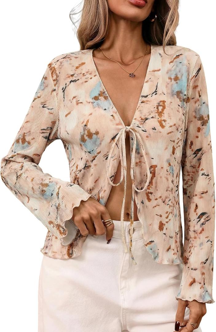 ZAFUL Women's Deep V Neck Tie Front Top Flare Sleeve Plisse Pleated Blouse Shirt Top Y2k Vintage Streetwear (0004-floral Khaki, Small)