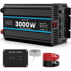 3000W Power Inverter Pure Sine Wave Inverter 12V DC to 110V AC Car Inverter with USB Ports,3 AC Outlets, LCD Display, Remote Controller for Car, Truck, Home, Vehicles, Boat, Power Outage