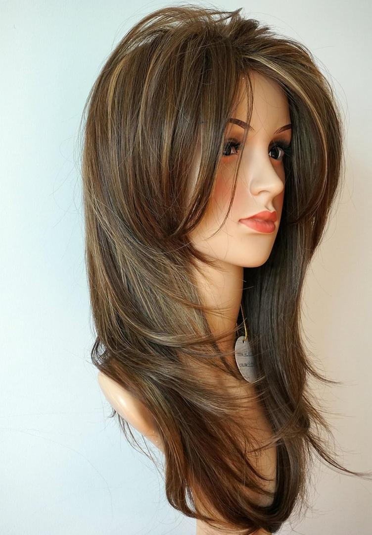 Long Layered Light Brown with Blonde Wig Balayage Color Wig with Brown with Blonde Highlight Wig Synthetic Hair Multicolor for White Women