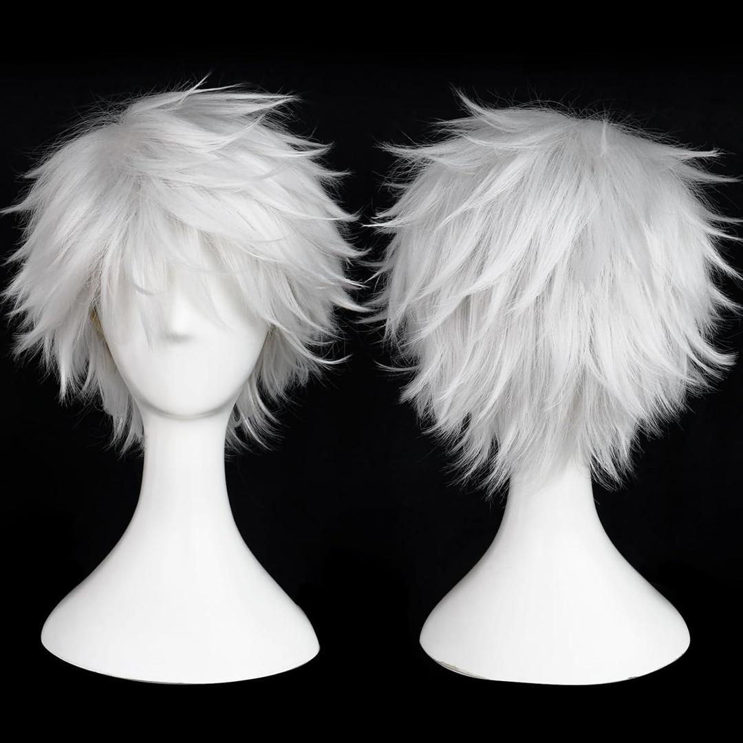 BESTBEL+Hair Cap Short Silver White Wig Men White Anime Wig for Men Short Light Silver Wigs Messy Cosplay Hair Synthetic Layered Cut Hair Straight Silvery Fluffy Wigs for Halloween Christmas Party