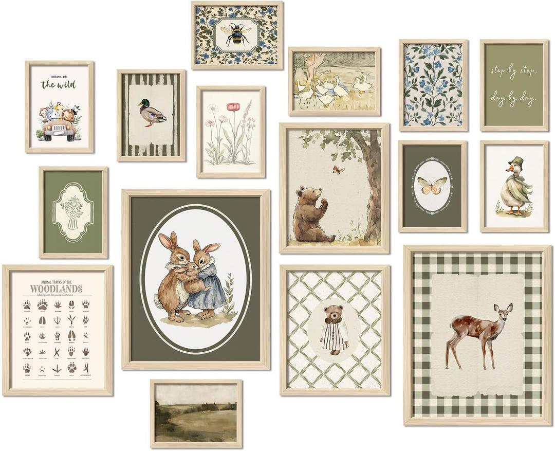 16 PCS Framed Woodland Nursery Wall Art Decor, Vintage Baby Girl & Boy Nursery Decor, Kid Toddler Room Bedroom Playroom Decor, Sage Green Animals Eclectic Gallery Wall Prints, Bear Duck Goose Rabbit  (12"x15" Framed)