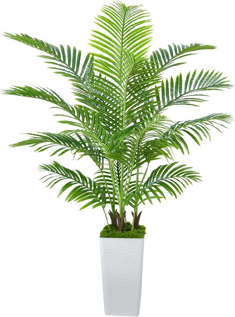 Artificial Palm Tree Artificial Silk Plant Fake Tree with White Tall Planter Faux Tropical Areca Floor Plant in Pot (1, White Tall Planter, 5 FT)