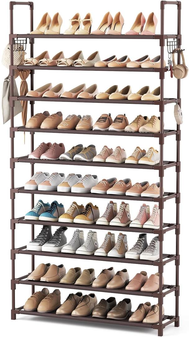 VTRIN 10 Tiers Shoe Rack Tall Large Capacity 50 Pairs Wide Shoe Organizer Sturdy Shoe Shelf for Entryway with Two Hooks Metal Shoe Storage for Closet, Bedroom, Brown