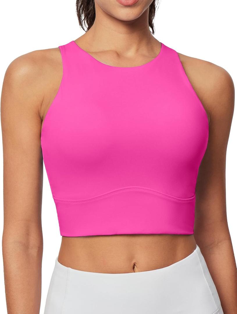 Heathyoga Longline Sports Bras for Women High Neck Tank Tops with Built in Bras Workout Tops for Women Racerback Yoga Bra (Large, Hot Pink)