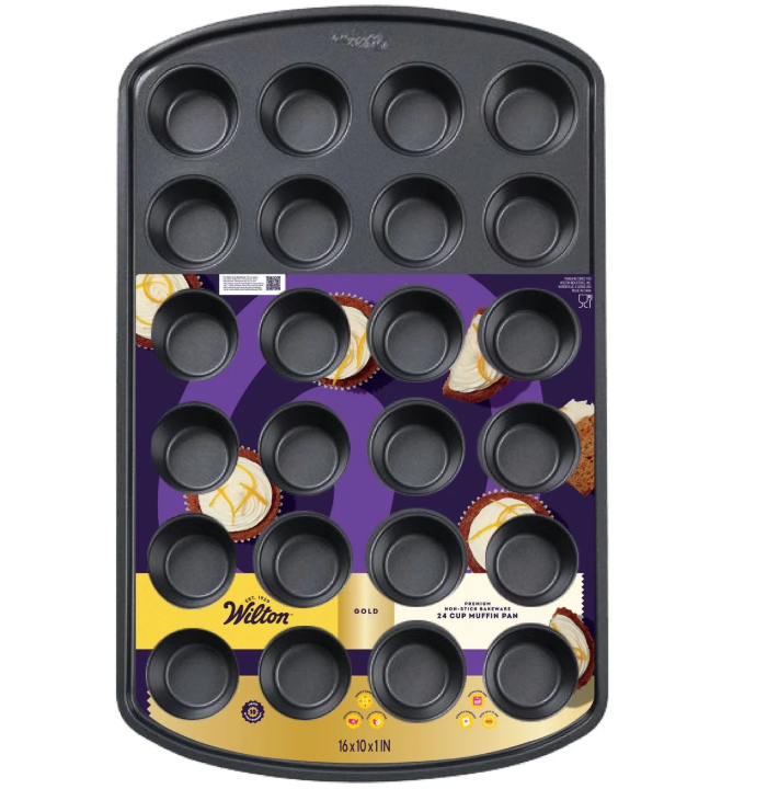 Wilton Gold NonStick 24cup Muffin Pan, ColdRolled Steel Bakeware, Made without PFAs, 16 x 10 x 1 in.