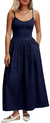 Mieazom Women’s Sleeveless V-Neck Maxi Dress with Pockets – Slim Fit Casual Summer Spaghetti Strap Dress for Vacation Blue L