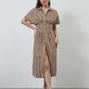 calbatic Women Striped Button Down Pleated Shirt Dress Summer Short Sleeve Ruffle A Line Swing Long Blouse Midi Long Dress (XL)