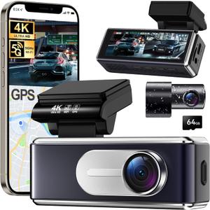 Dash Cam Front and Rear - 4K HD Dual Dash Camera for Cars, Built-in 5G WiFi GPS, 64GB Card, Dashcam with 3.2" IPS Screen, UHD Night Vision, HDR, App Control, 24H Parking Monitor