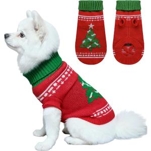 Knitted Dog Sweater for Small Dogs, Pullover Turtleneck Pet Sweaters, Warm Soft Winter Holiday Cat Sweater, Winter Dog Clothes, Christmas Tree Pattern, L (14")