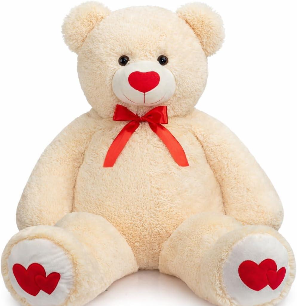HollyHOME Giant Teddy Bear 4ft Stuffed Animal Large Bear Plush with Red Heart Valentines Anniversary Birthday Gifts for Girlfriend Lover Mom Kids 48 inch Beige