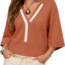 Saodimallsu Womens Short Sleeve Sweater Tops V Neck Collared Oversized Color Block Casual Summer Knit Polo Shirts XL