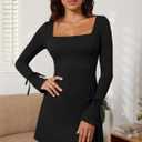 Women's Sexy Square Neck Bodice Dresses Long Sleeve Side Slit A-Line Mini Dress Cocktail Party Club Dress (Black)