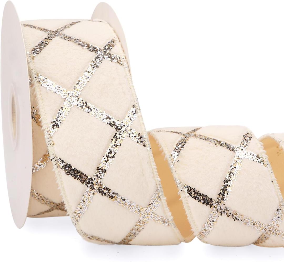 Ribbli Cream White Faux Fur Velvet Wired Ribbon with Glitter 2.5 Inch Fluffy Velvet Christmas Ribbon for Gift Wrapping Christmas Tree Decoration Crafts Wreaths Supplies-Continuous 10 Yards