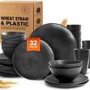 Teivio 32-Piece Kitchen Plastic Wheat Straw Dinnerware Set, Service for 8, Dinner Plates, Dessert Plate, Cereal Bowls, Cups, Unbreakable Colorful Plastic Outdoor Camping Dishes, Black Matte