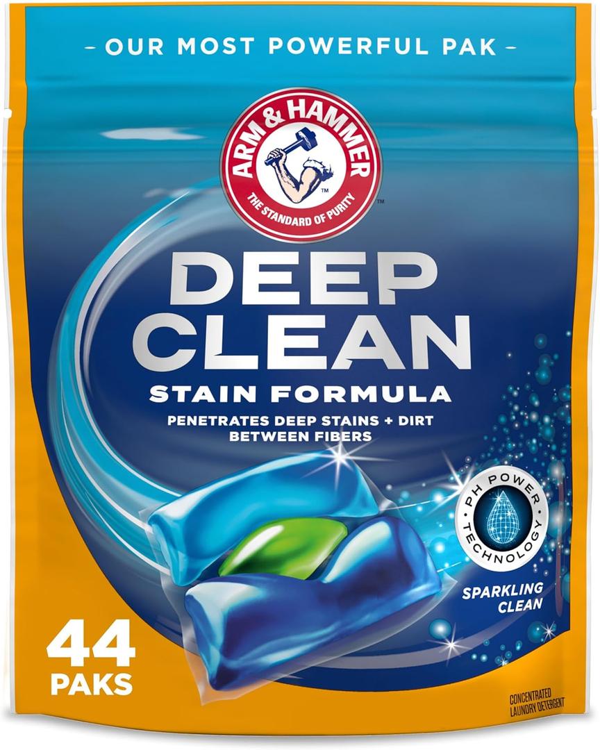 ARM & HAMMER Deep Clean Stain Formula Laundry Detergent Power Paks, Laundry Stain Remover, Sparkling Clean Scent, 44 Count, 44 Loads (44 Count (Pack of 1))