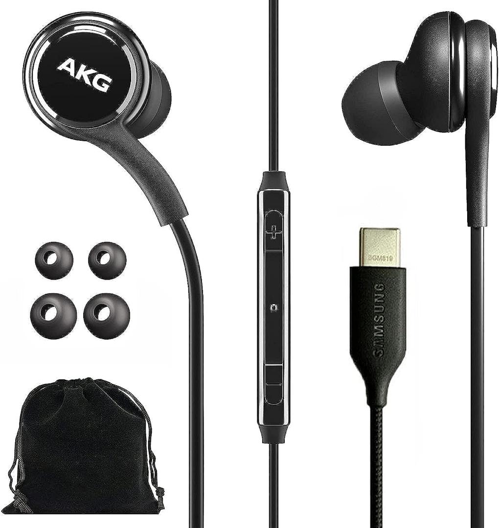 Samsung AKG Wired Earbuds Original USB Type C in-Ear Earbud Headphones with Remote & Microphone for Music, Phone Calls, Work - Noise Isolating Deep Bass, Includes Velvet Carrying Pouch - Black