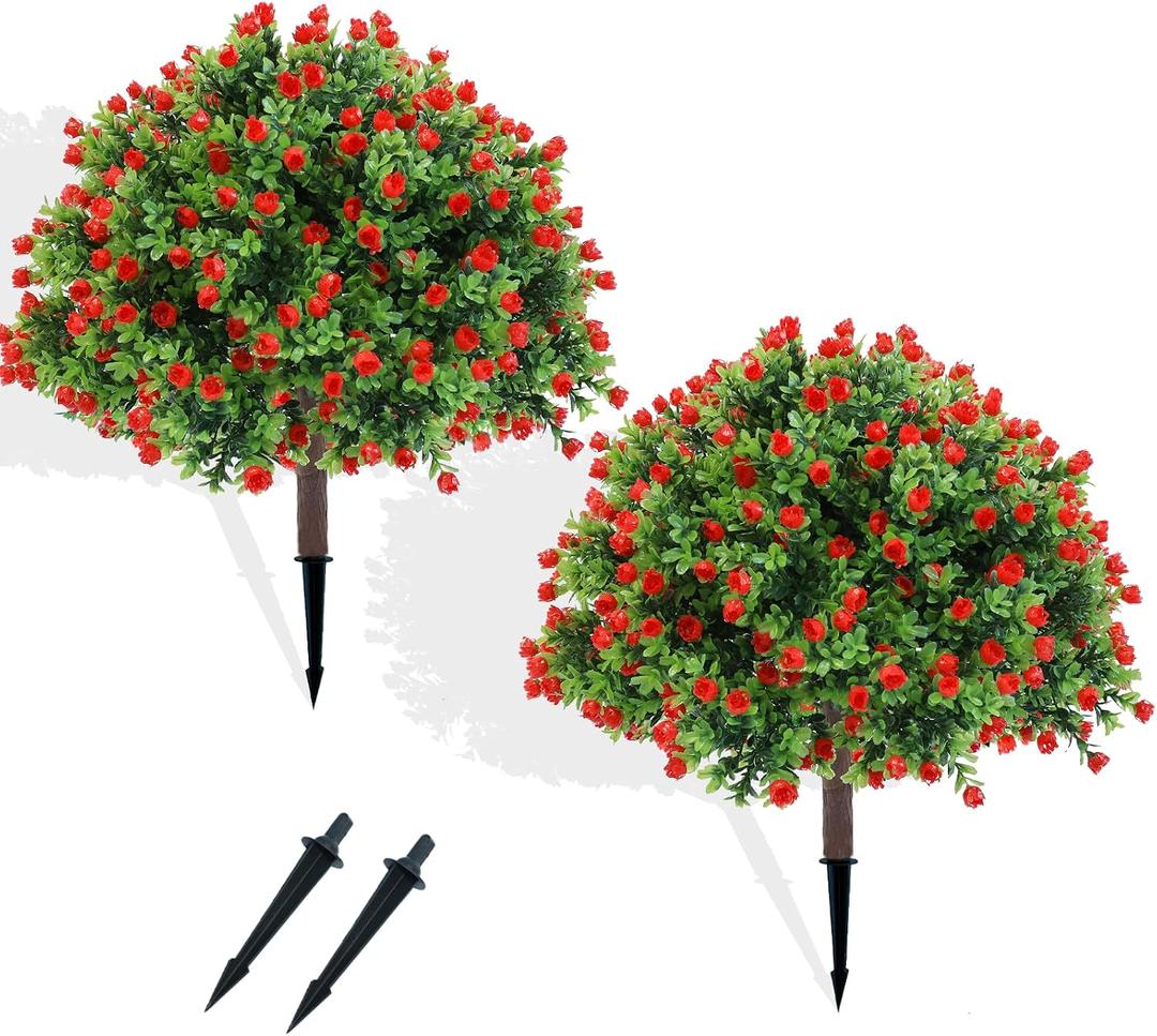 Artificial Topiary Rose Set of 2, Boxwood Ball with Ground Spike