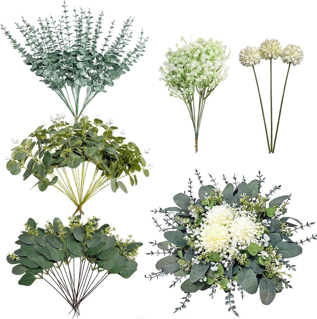 103 Pcs Mixed Artificial Eucalyptus Stems with Baby's Breath, 5 Kinds Faux Greenery Stems Bulk for Wedding DIY Bouquets, Realistic Silk Silver Dollar Eucalyptus Leaves for Vase, Home & Party Decor (Color 2)