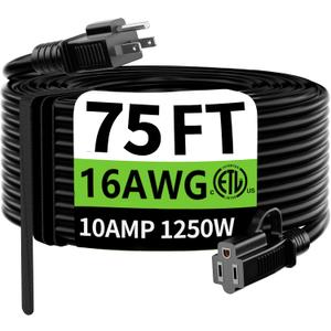 HUANCHAIN Indoor Outdoor Black Extension Cord 75 Ft Waterproof, 16/3 Gauge Flexible Cold-Resistant Appliance Extension Cable Outside, 10A 1250W 16AWG SJTW, 3 Prong Electric Cord, ETL