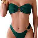 Limeeke Women's Strapless Bandeau Bikini Set Ribbed Two Piece Swimsuits Cheeky Bottom Bathing Suit (Blue Green) XS