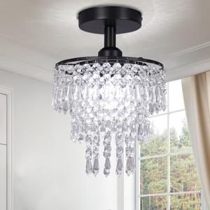 FRIXCHUR Small Crystal Chandelier Flush Mount Ceiling Light 3 Tiers Raindrops Crystal Chandeliers for Bedroom Hallway Foyer Living Room Entryway Closet,Black