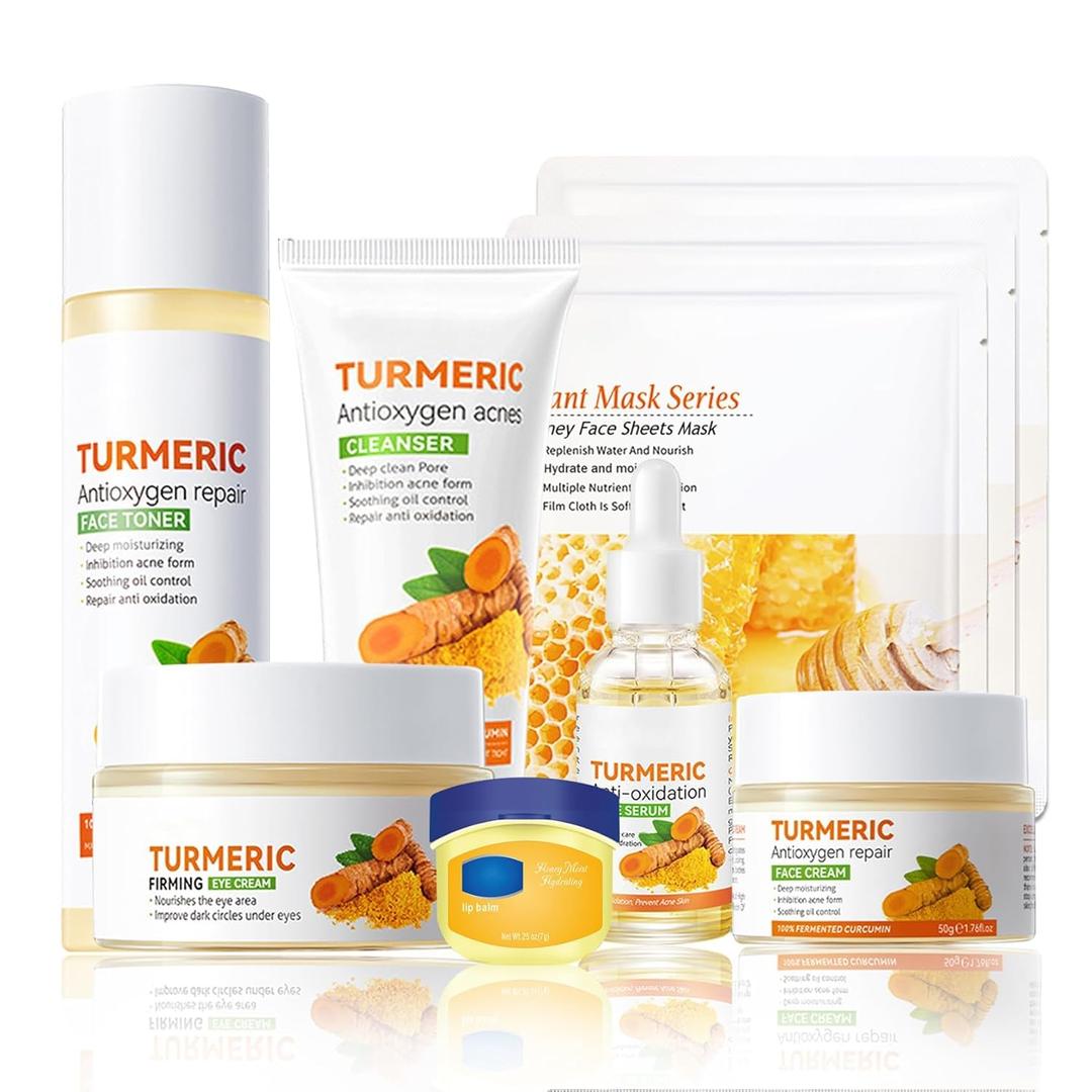 9 Pcs Turmeric Skincare Set with Moisturizing Facial Cleanser,Toner,Face Serum, Facial Cream, Eye Cream,Travel Size Lip Balm and 3 Hydrating Face Sheet Masks Skin Care Set