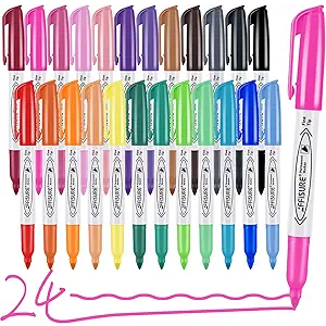 Permanent Markers Assorted Colors Set, 24 Colored Markers 24 Pack, Fine Point，Works on Wood, Plastic, Metal, and More, for Adults, Artist, Taecher, Kids
