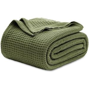 Bedsure 100% Cotton Blanket King Size for Bed - Breathable and Soft, Waffle Weave Blanket for Summer Spring, Olive Green, 104x90 inches