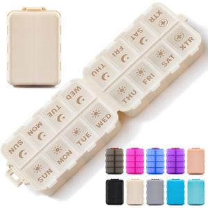 Foldable & Portable Pill Organizer 2 Times A Day with Extra Compartments - Etched Labels - Weekly 7 Day AM PM Medicine Box, Week Daily Travel Pill Case Holder Dispenser for Vitamin, Supplement - Khaki