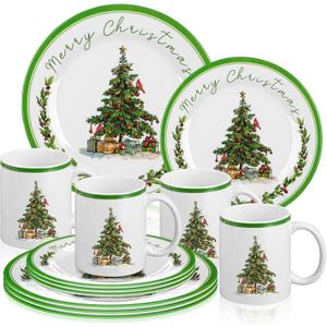Teenyyou 12 Pcs Christmas Tree Dinnerware Set Service for 4 Include 10'' Melamine Dinner Plate and 8'' Dessert Plate Ceramic Mug for Xmas Party, Gift for Christmas
