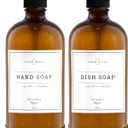 Vine Creations Amber Glass Soap Dispenser, 2 Pack Kitchen Soap Dispenser Set with Rustproof Pump, 16 oz Dish Soap and Hand Soap Dispensers for Bathroom with Waterproof Labels,  Amber Bottle / Black Pump