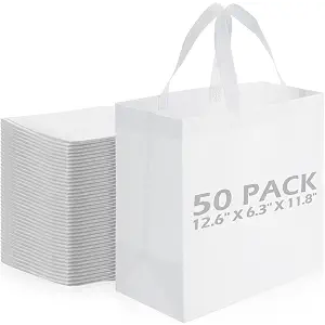 Reginary 50 Pieces Reusable Totes Bag Bulk Shopping Bags Non Woven Grocery handbag with Handles Foldable for Boutiques(White)