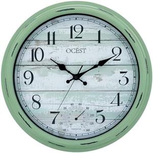 OCEST 16 Inch Indoor Outdoor Clock, Waterproof Large Wall Clock with Thermometer, Silent Non-Ticking Battery Operated Decor for Patio Pool Porch Garden Garage（Retro Green）