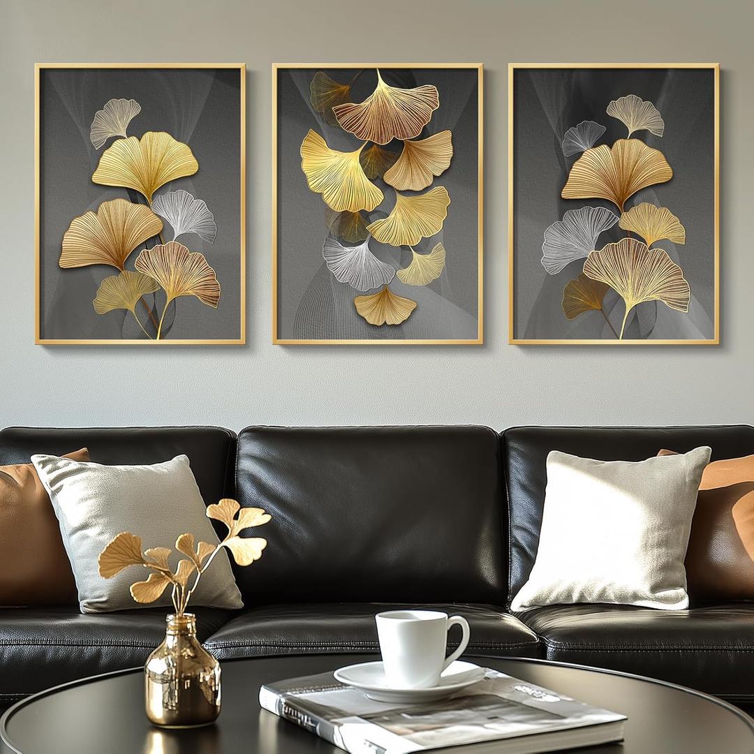 Gold Framed Large Wall Art for Living Room, Black and Gold Leaf Paintings Wall Decor, 3 Piece Modern Wall Art for Bedroom, Botanical Wall Pictures for Living Room, 16x24 Inch (24" H x 48" W (Framed), Leaf Painting)