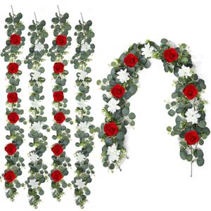 4 Pack Wedding Garland Set, Red Rose & White Dahlia Hanging Flower Vines for Wedding Arch, Backdrop, Mantel, Home Decor (5.91ft)