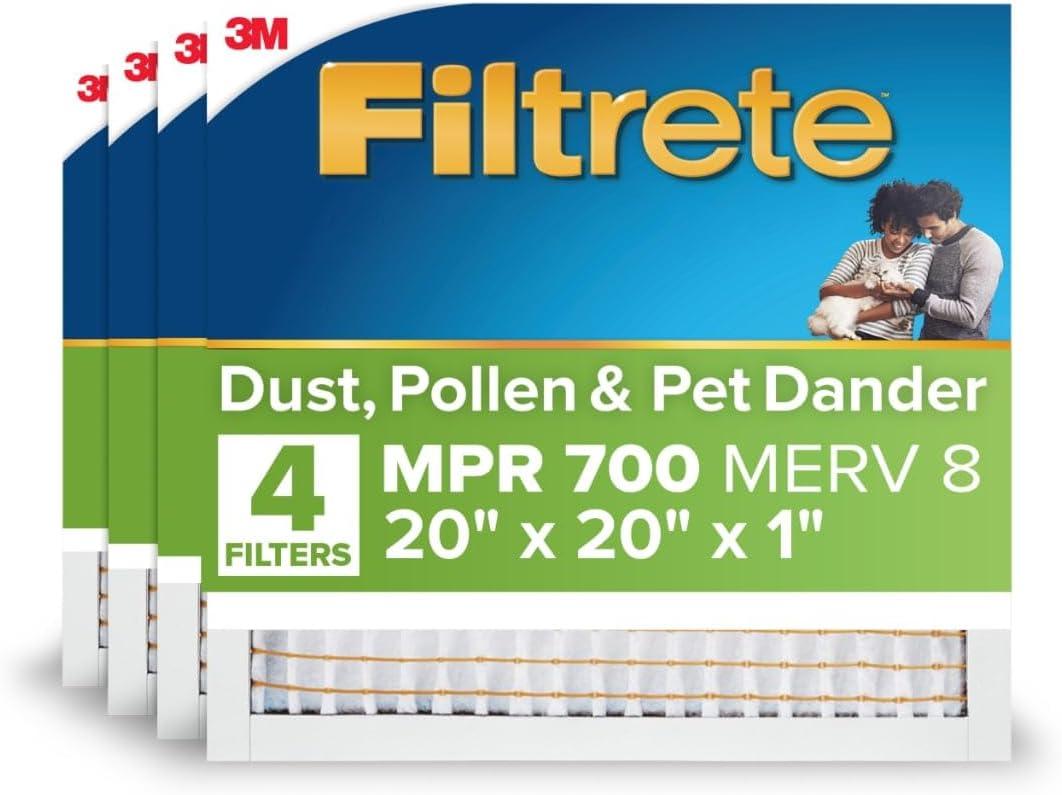 Filtrete 20x20x1 AC Furnace Air Filter, MERV 8, MPR 700, Tough on Pollen, Easy on Airflow, 3-Month Pleated 1-Inch Electrostatic Air Cleaning Filter, 4-Pack (Actual Size 19.880 x 19.880 x 0.78 in)