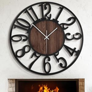 LEIKE 30" Oversized Large Wall Clocks,Silent,Non Ticking,Battery Operated Modern Round Big Wood Decorative Metal Wall Clock for Living Room, Bedroom,Kitchen,Farmhouse,Office Decor - Black,30 Inch (Walnut and Arabic Number)
