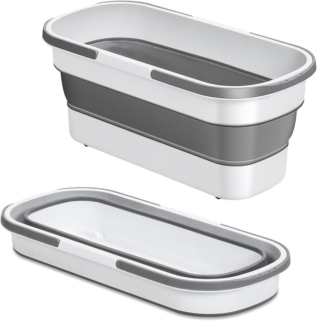 Large Collapsible Plastic Bucket with Wheels, 17L (4.5 Gallons) Cleaning Mop Buckets for House Cleaning, Camping, Multi-Purpose Rectangular Handy Basket, Grey