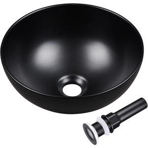 Aquaterior Porcelain Bathroom Vessel Sink 12" Round Vanity Bowl Basin with Pop up Drain Above Counter Countertop RV Black Industrial Modern