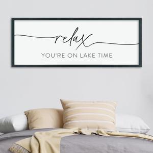 LuZhiQiang Home Wall Decor Relax You're On Lake Time Sign 40"15" Living Room Minimalist Plaque for Lake House Bedroom Large Wood Framed Hanging Wall Art (Black)