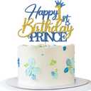 Prince 1st Birthday Cake Topper - Happy Birthday Cake Supplies for Boy - Baby One Year Old Party Decorations - Blue & Gold Glitter