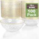 Rubtlamp 100 Pack Clear Disposable Bowls, Clear Plastic Bowls with Gold Rim, 12-16oz Premium Heavy Duty Plastic Hammered soup Bowls for Milk Cereals, Snacks, Salads