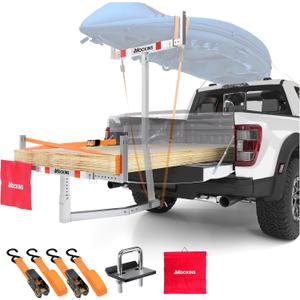Mockins 750Lbs. Cap Truck Bed Extender Hitch Mount |2-in-1 All-Weather Steel Kayak Rack for Truck, SUV, Van w/Stabilizer & Straps| Hitch Extender Truck Rack for Kayak, Canoe, Ladder, Pipes & Lumber (Silver)