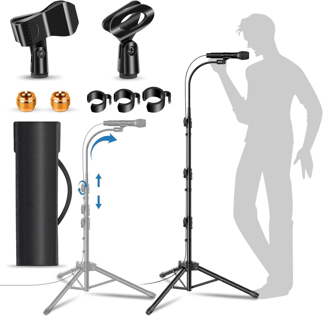 Mic Stand Detachable Gooseneck Microphone Stand Floor Height Adjustable from 24 to 67 for Kids with 2 Mic Clips for Singing Lecture Stage Wedding (1 Pack)
