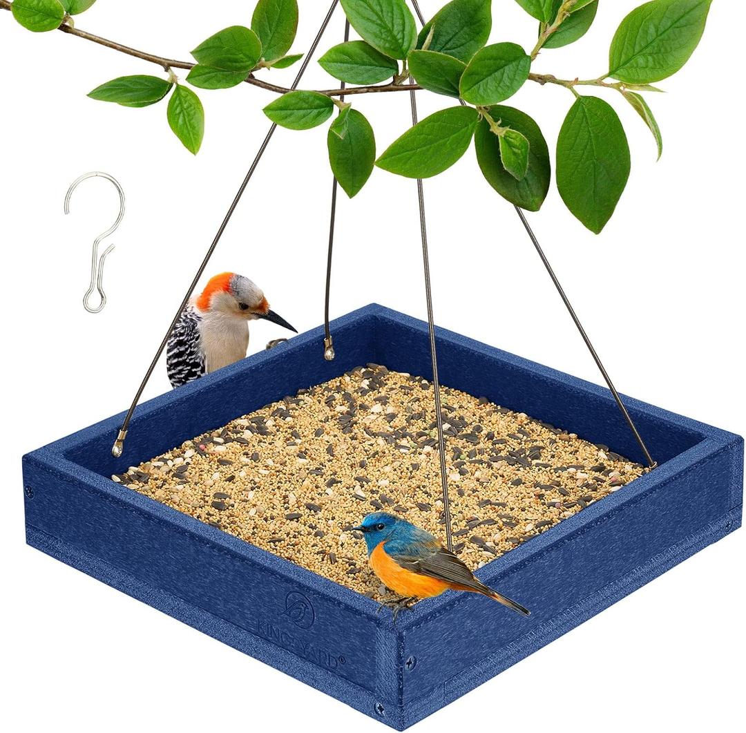 Kingsyard WPC Composite Platform Bird Feeder for Outside, Heavy Duty Hanging Tray for Mealworms & Seeds, 3.5 lbs Large Capacity, Weatherproof Recycled Plastic Material, Easy to Clean, Blue
