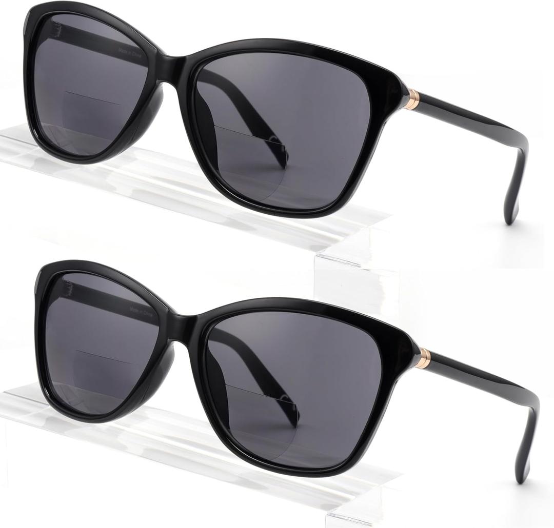 Premium Bifocal Reading Sunglasses for Women, Retro Cateye Sun Readers UV400 Protection, Classic Shades (2PC Black, 1.25)